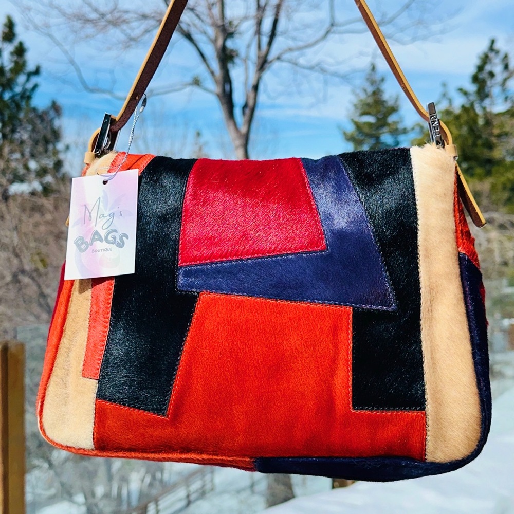 Fendi: Pony Calf Hair Multi Color Patchwork Leather Mamma Baguette Shoulder Bag - Picture 4 of 17